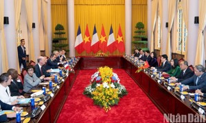 Chùm ảnh: Chủ tịch nước Lương Cường hội đàm với Tổng thống Pháp Emmanuel Macron