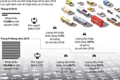 [Infographics] Việt Nam nhập khẩu ôtô tăng 113% so với năm 2018