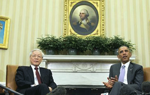 Tổng Bí thư Nguyễn Phú Trọng và Tổng thống Barack Obama trong buổi hội đàm tại Nhà Trắng. Nguồn: internet