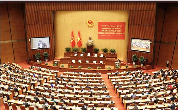 Toàn cảnh hội nghị quán triệt Nghị quyết tại điểm cầu phòng họp Diên Hồng, Nhà Quốc hội