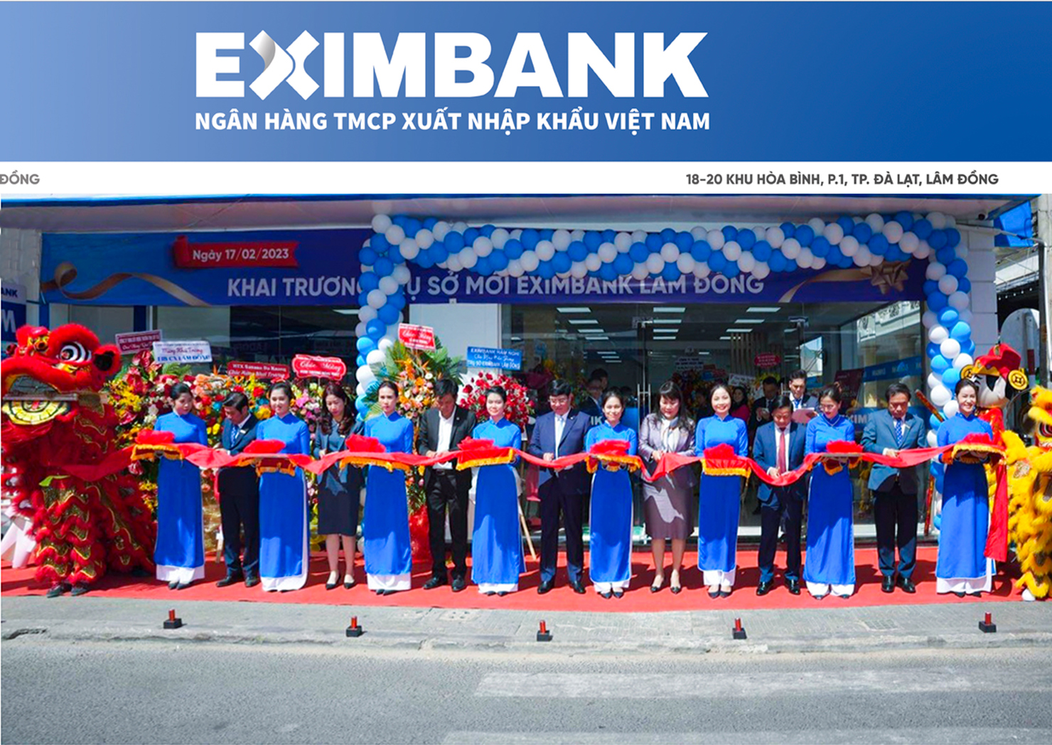 Đại diện cơ quan ban ngành tại địa phương cùng Ban Lãnh đạo Eximbank cắt băng khánh thành trụ sở mới. Ảnh: EIB