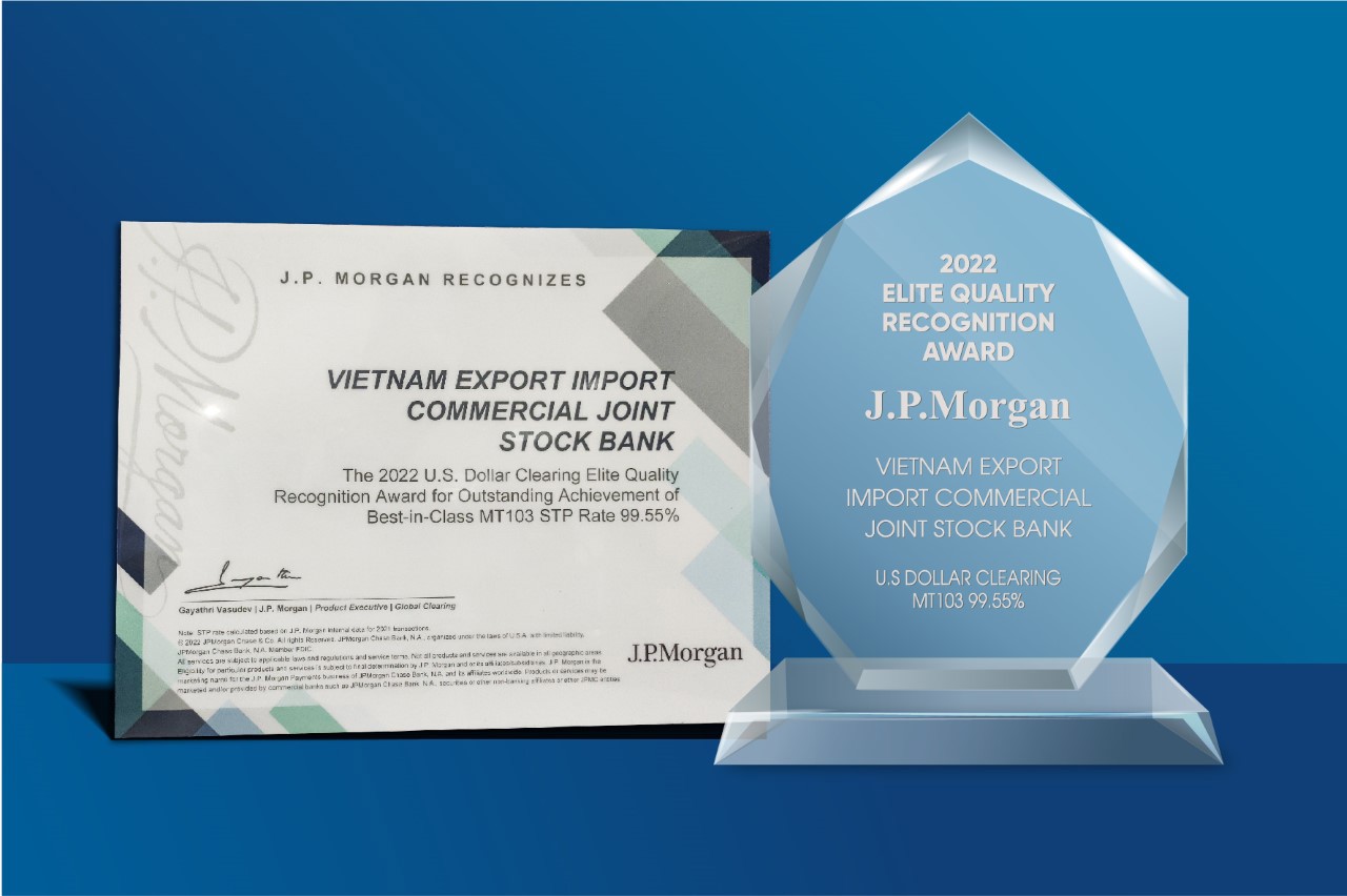 Eximbank nhận giải thưởng Chất lượng thanh toán quốc tế xuất sắc từ Ngân hàng JP Morgan. Ảnh: EIB