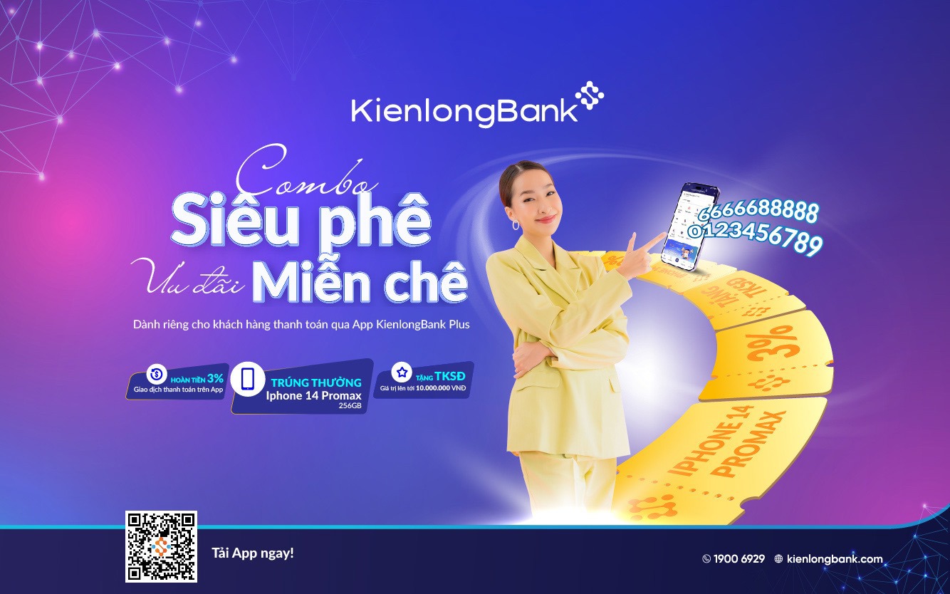 Giao dịch với KienlongBank Plus, hoàn tiền đến 3% cùng cơ hội nhận iPhone 14 Pro Max. Ảnh: KLB