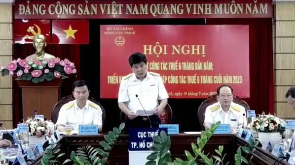 Đầu cầu hội nghị trực tuyến sơ kết công tác thuế 6 tháng đầu năm tại TP. Hồ Chí Minh. Ảnh: TTHT