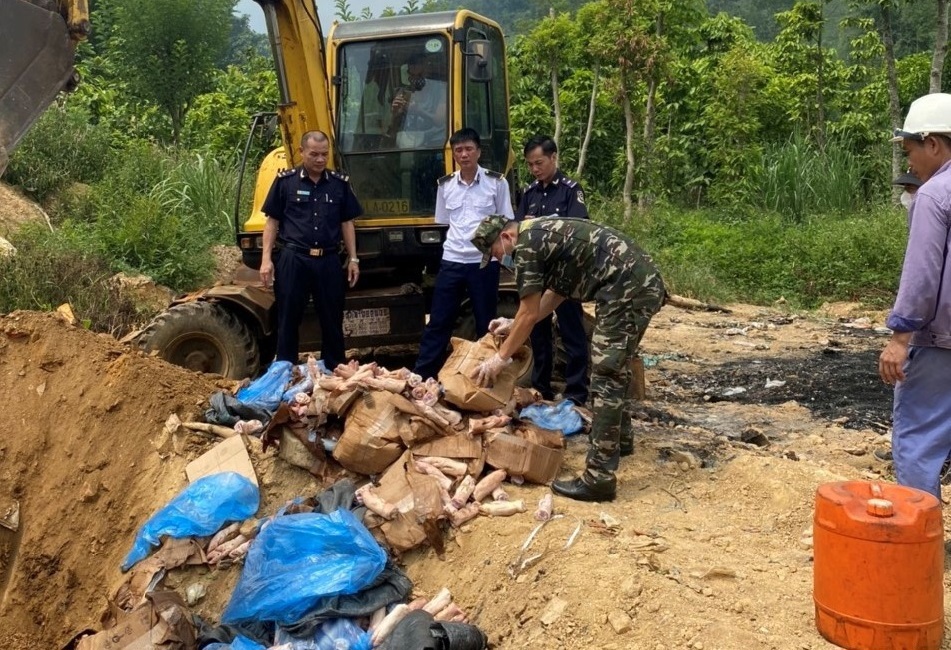Cục Hải quan Lào Cai phối hợp với các đơn vị chức năng tiêu hủy chân lợn nhập khẩu trái phép. Ảnh: internet