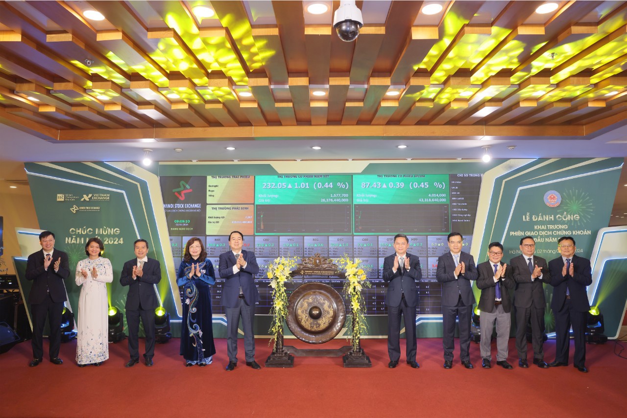 Thứ trưởng Bộ Tài chính Nguyễn Đức Chi cùng các đại biểu tại Lễ đánh cồng khai trương phiên giao dịch chứng khoán đầu năm 2024 tại HNX (sáng ngày 2/1/2024).
