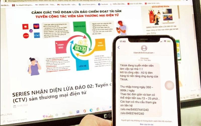 Một hình thức lừa đảo trực tuyến thông qua tin nhắn tuyển dụng. Ảnh: Minh Hà