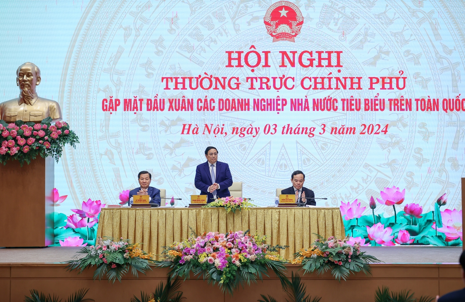 Thủ tướng Phạm Minh Chính phát biểu tại Hội nghị gặp mặt đầu xuân với các doanh nghiệp nhà nước tiêu biểu trên toàn quốc. Ảnh: VGP/Nhật Bắc.