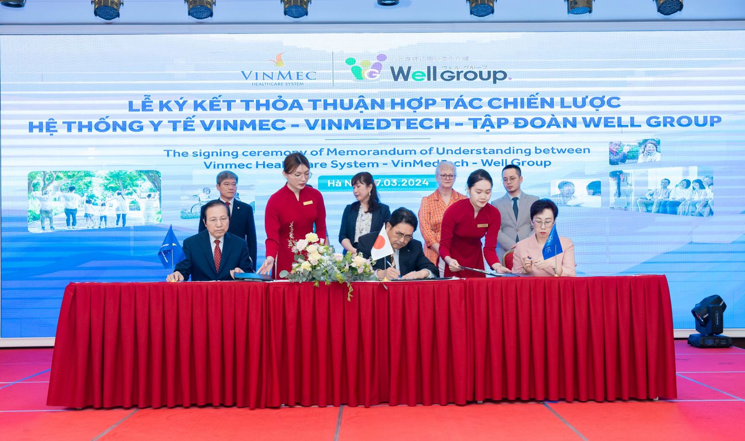 Lễ ký kết hợp tác chiến lược giữa Tập đoàn Vingroup và Tập đoàn Well Group (Nhật Bản) để phát triển mô hình Trung tâm chăm sóc sức khỏe người cao tuổi cao cấp tại Việt Nam.  Ảnh: VIC
