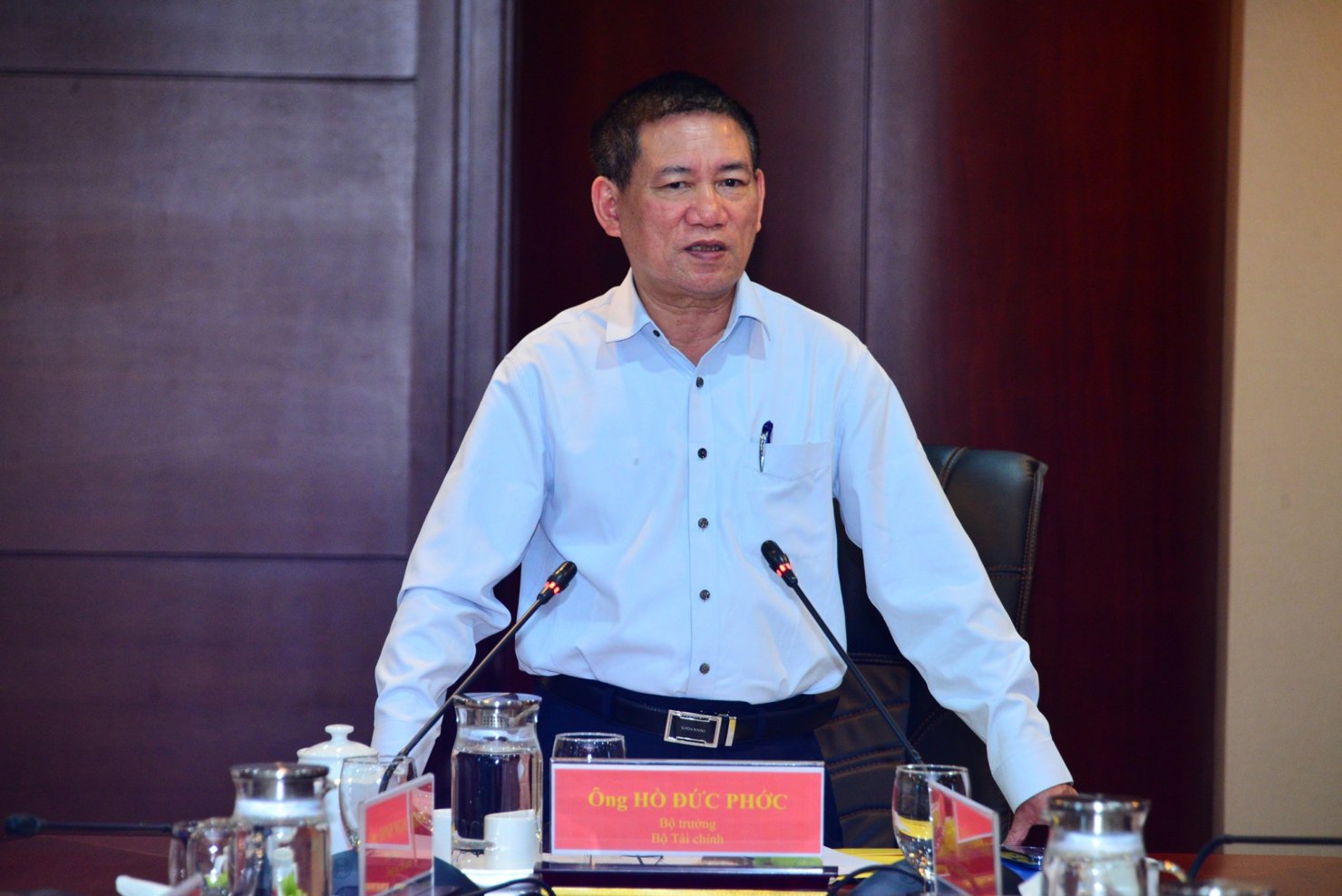 Bộ trưởng Hồ Đức Phớc phát biểu chỉ đạo tại buổi làm việc với Sở Giao dịch Chứng khoán TP. Hồ Chí Minh. Ảnh: TS