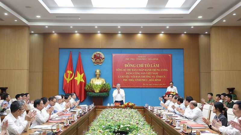 Tổng Bí thư Tô Lâm phát biểu chỉ đạo tại buổi làm việc. (Ảnh: TTXVN).
