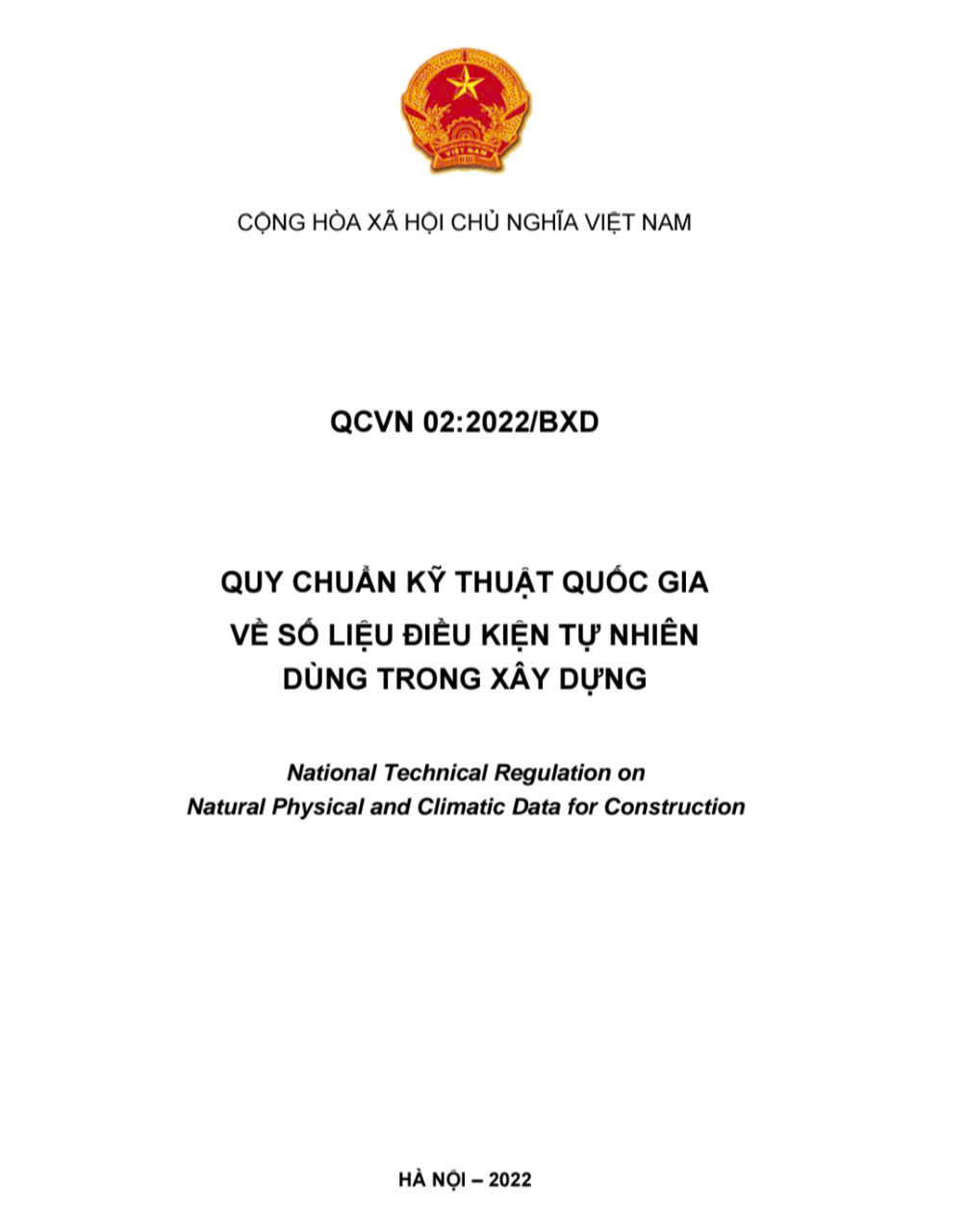 QCVN 02:2022/BXD quy định các số liệu điều kiện tự nhiên áp dụng trong việc lập, thẩm định, phê duyệt các hoạt động xây dựng