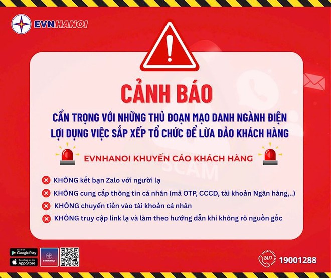 EVNHANOI gửi thông báo khuyến cáo khách hàng