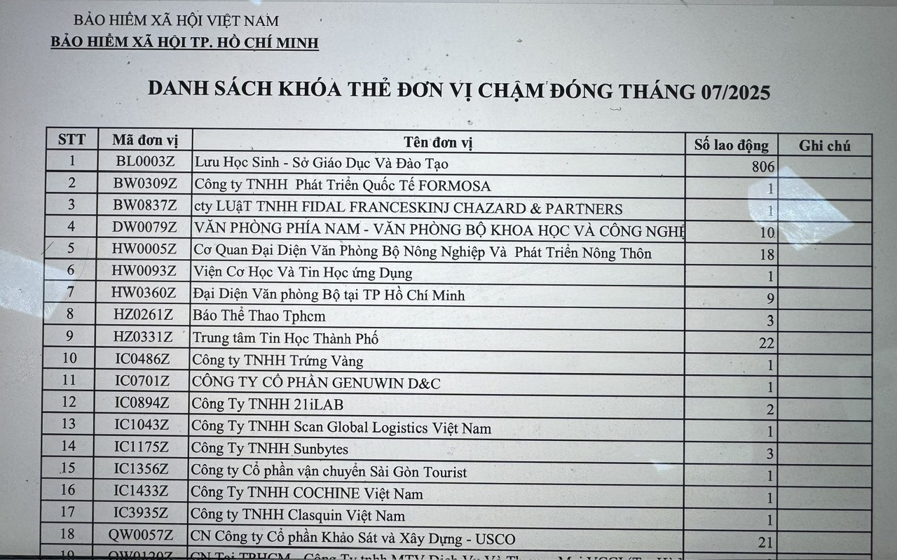 Danh sách một số đơn vị, doanh nghiệp có người lao động bị bị khóa thẻ BHYT. Ảnh: Lê Văn