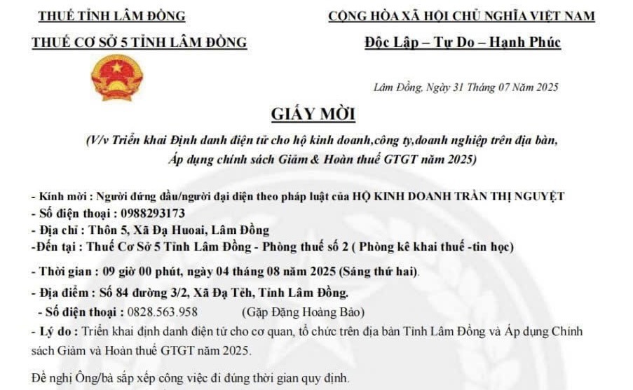 Một giấy mời giả mạo Thuế Cơ sở 5, tỉnh Lâm Đồng. Ảnh: Thuế Cơ sở 5 cung cấp