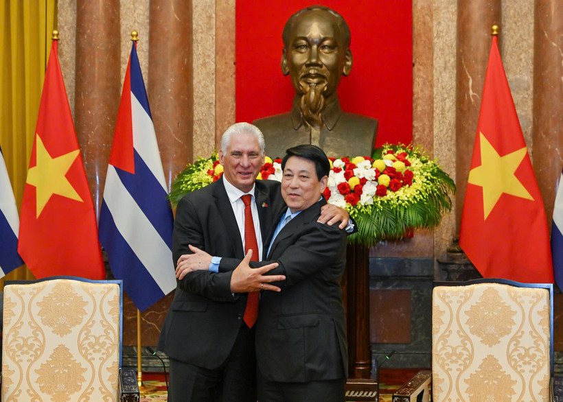 Bí thư Thứ nhất, Chủ tịch nước Cuba Miguel Diaz-Canel Bermudez hội kiến Chủ tịch nước Lương Cường. (Ảnh: THỦY NGUYÊN)