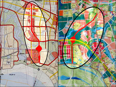 Bản đồ quy hoạch hướng đi cầu Nhật T&acirc;n thay đổi khiến nhiều người &ocirc;m đất tại khu vực n&agrave;y "vỡ mộng" (b&ecirc;n tr&aacute;i - hướng đi mới; b&ecirc;n phải - hướng đi theo quy hoạch cũ) (Ảnh: Lưu V&acirc;n - chụp ng&agrave;y 31/3/2011)
