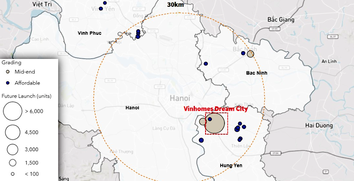 Nguồn cung căn hộ trong tương lai tại khu vực H&agrave; Nội mở rộng (2H21 - 2024) Nguồn: JLL Việt Nam