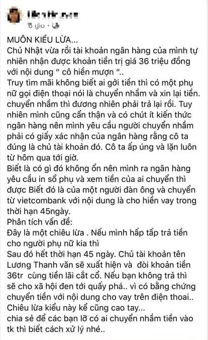 Một Status cảnh b&aacute;o &ldquo;Một tr&ograve; lừa mới&rdquo; được cho l&agrave; của nh&oacute;m hoạt động t&iacute;n dụng đen được cộng đồng mạng chia sẻ