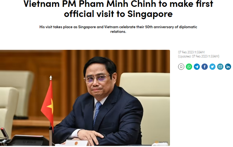 Tờ channelnewsasia đưa tin về chuyến thăm Singapore của Thủ tướng Phạm Minh Ch&iacute;nh.