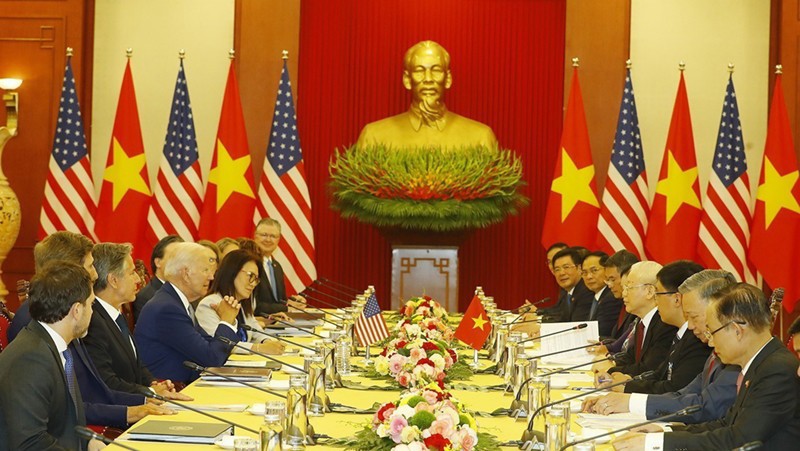 Tổng Bí thư Nguyễn Phú Trọng hội đàm với Tổng thống Hoa Kỳ Joe Biden. Ảnh: TTXVN