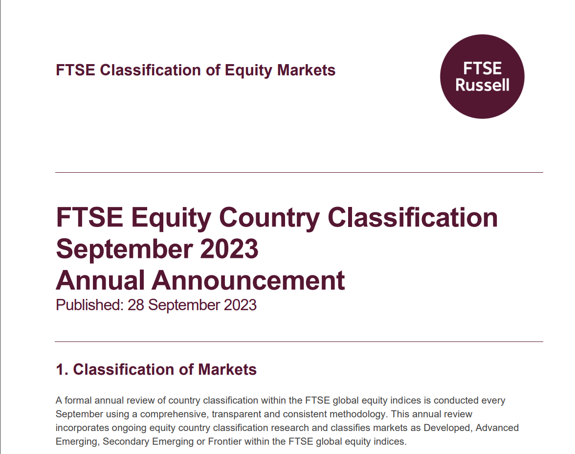 FTSE c&ocirc;ng bố Kết quả xếp hạng thị trường ng&agrave;y 28/9.&nbsp;