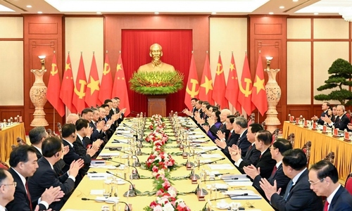 Tổng Bí thư Nguyễn Phú Trọng và Tổng Bí thư, Chủ tịch nước Trung Quốc Tập Cận Bình chủ trì hội đàm (Ảnh: VGP).