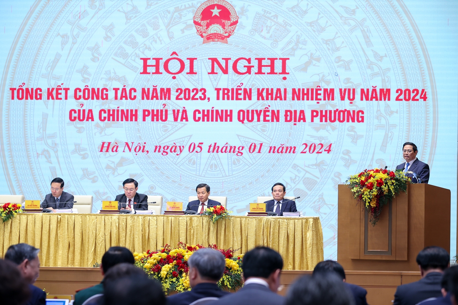 Thủ tướng Phạm Minh Chính phát biểu tại Hội nghị trực tuyến toàn quốc tổng kết công tác năm 2023,triển khai nhiệm vụ năm 2024 của Chính phủ và chính quyền địa phương (ngày 05/01/2024).