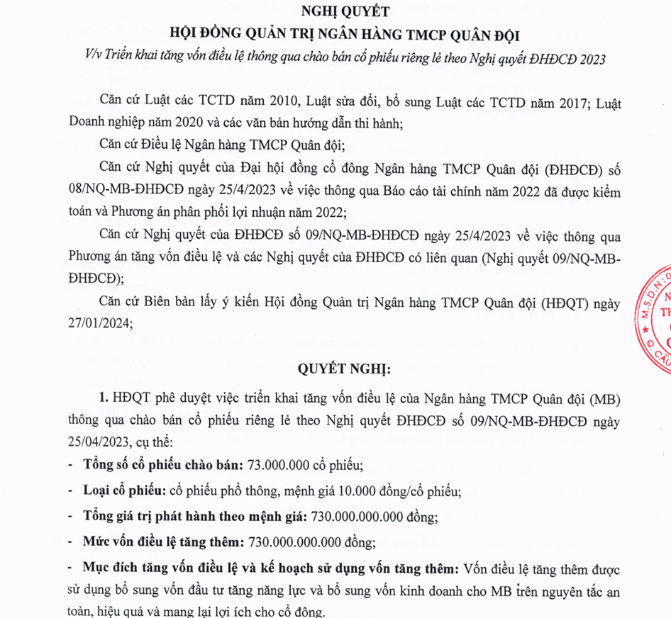 HĐQT MB ph&ecirc; duyệt kế hoạch tăng vốn điều lệ th&ocirc;ng qua ch&agrave;o b&aacute;n cổ phiếu ri&ecirc;ng lẻ.&nbsp;