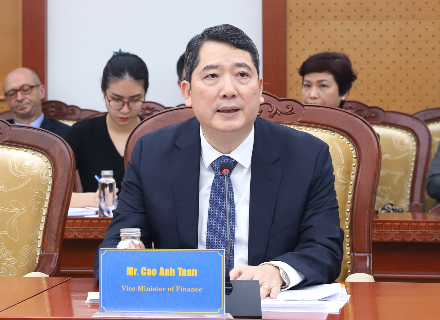 Thứ trưởng Bộ T&agrave;i ch&iacute;nh Cao Anh Tuấn ph&aacute;t biểu tại buổi l&agrave;m việc.