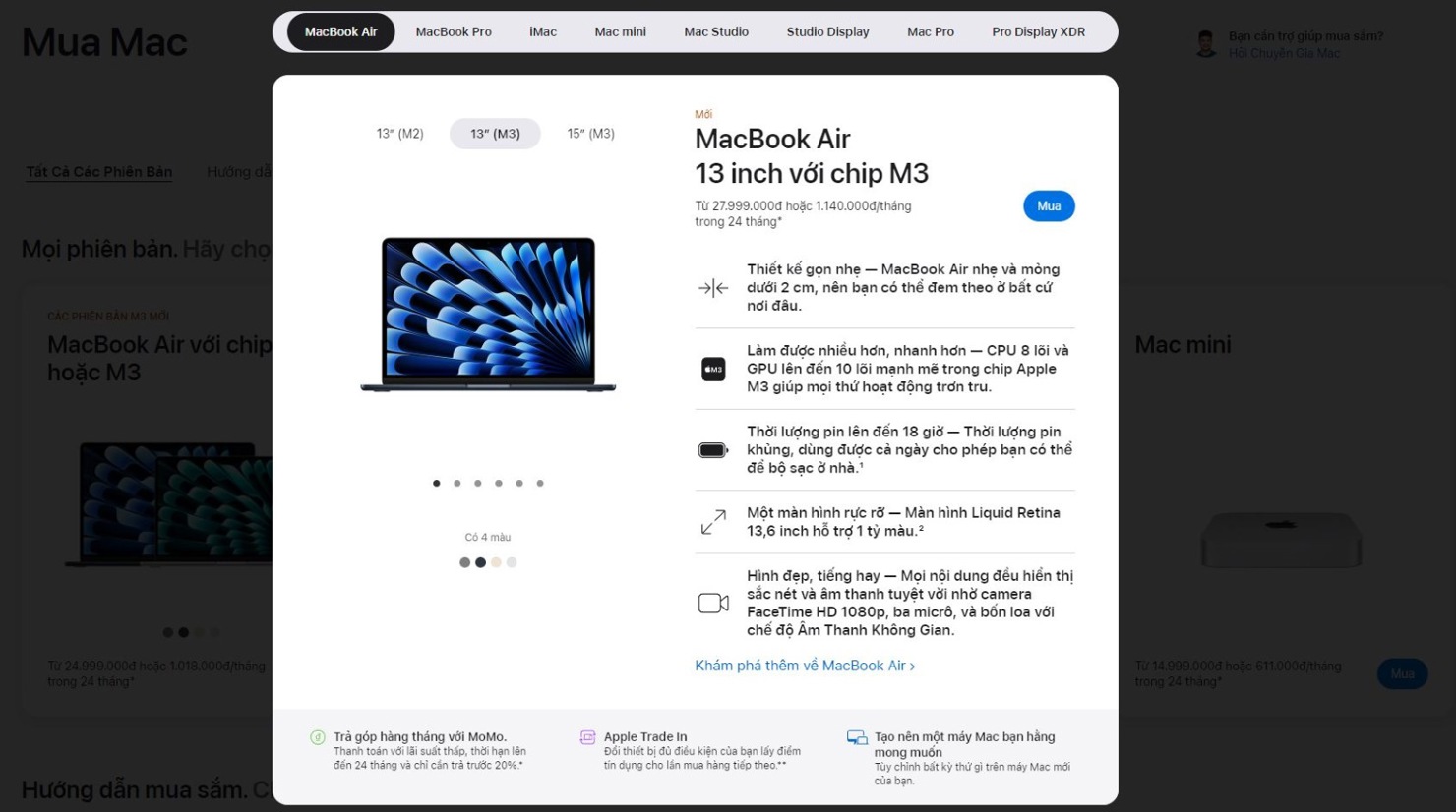 Gi&aacute; của MacBook Air M3 phi&ecirc;n bản 13 inch tr&ecirc;n trang Apple Store Online