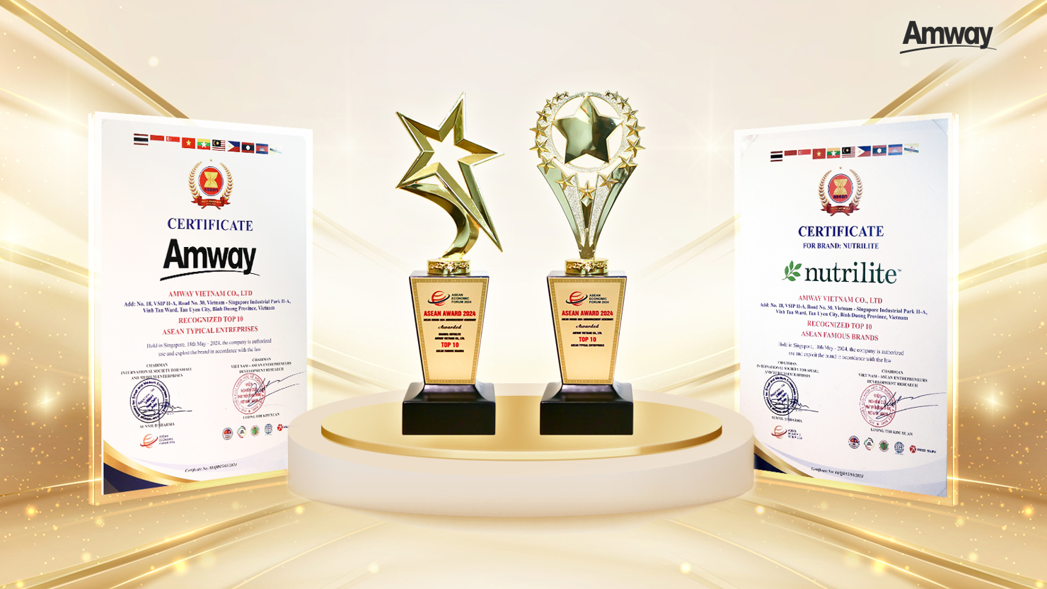 Amway với giải thưởng doanh nghiệp ti&ecirc;u biểu ASEAN v&agrave; Nutrilite với giải thương hiệu nổi tiếng ASEAN