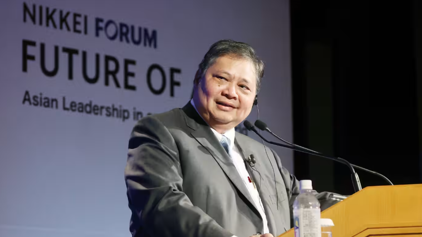Bộ trưởng Điều phối Kinh tế Indonesia Airlangga Hartarto phát biểu tại Diễn đàn Tương lai Châu Á, ngày 24/5/2024. (Ảnh: Nikkei Asia)