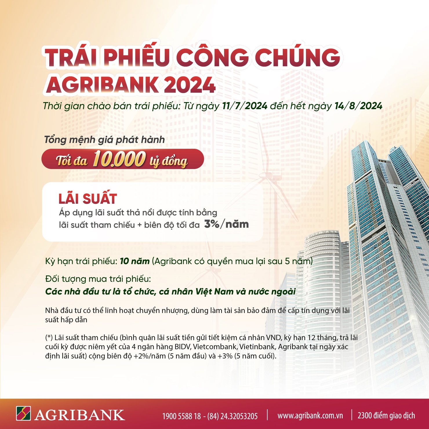 Nh&agrave; đầu tư l&agrave; c&aacute;c tổ chức, c&aacute; nh&acirc;n Việt Nam v&agrave; nước ngo&agrave;i c&oacute; thể đăng k&yacute; mua tr&aacute;i phiếu Agribank từ ng&agrave;y 11/07/2024 đến ng&agrave;y 14/08/2024 tại Trụ sở ch&iacute;nh v&agrave; tất cả c&aacute;c điểm giao dịch của Agribank tr&ecirc;n to&agrave;n quốc hoặc th&ocirc;ng qua đại l&yacute; ph&aacute;t h&agrave;nh l&agrave; C&ocirc;ng ty cổ phần chứng kho&aacute;n Agribank - Agriseco.