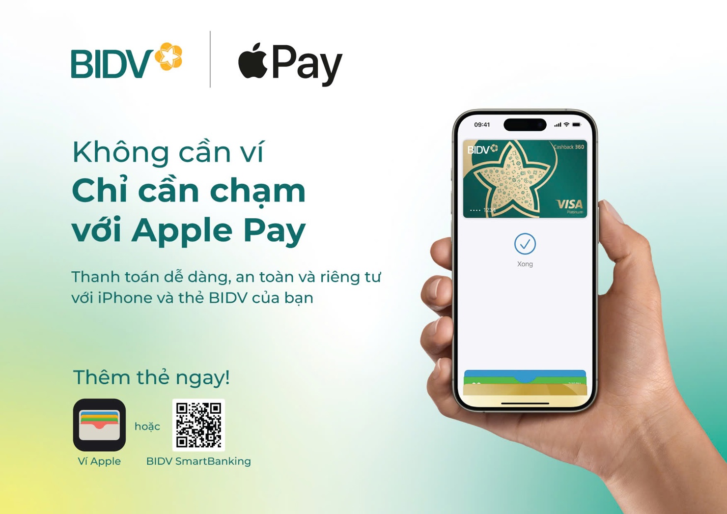 Việc thiết lập Apple Pay v&ocirc; c&ugrave;ng đơn giản v&agrave; tiện lợi. Người d&ugrave;ng c&oacute; thể mở ứng dụng V&iacute; (Wallet) tr&ecirc;n iPhone, chạm v&agrave;o dấu cộng (+), v&agrave; l&agrave;m theo hướng dẫn để th&ecirc;m thẻ t&iacute;n dụng BIDV Visa. Kh&aacute;ch h&agrave;ng c&oacute; thể li&ecirc;n kết thẻ t&iacute;n dụng Visa từ ứng dụng BIDV SmartBanking.