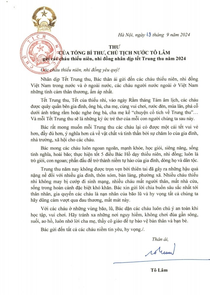 Tổng Bí thư, Chủ tịch nước Tô Lâm gửi thư chúc Tết Trung thu cho thiếu niên, nhi đồng - Ảnh 1