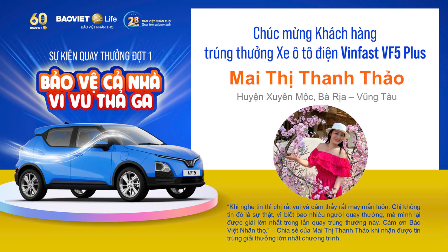 Chị Mai Thị Thanh Thảo (B&agrave; Rịa - Vũng T&agrave;u) l&agrave; kh&aacute;ch h&agrave;ng may mắn tr&uacute;ng giải &ocirc; t&ocirc; điện Vinfast VF5 Plus. &nbsp;