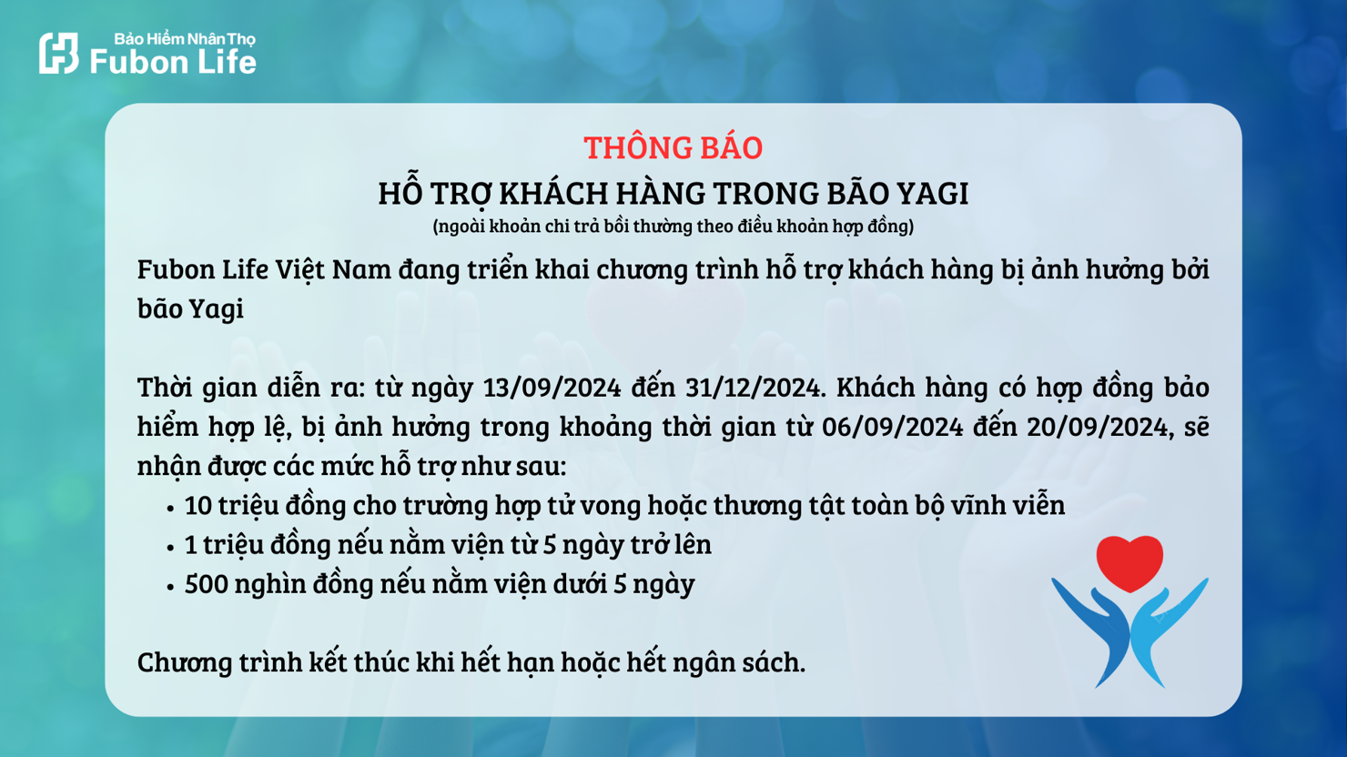 Fubon Life Việt Nam triển khai Chương tr&igrave;nh hỗ trợ kh&aacute;ch h&agrave;ng bị ảnh hưởng bởi b&atilde;o Yagi.&nbsp;