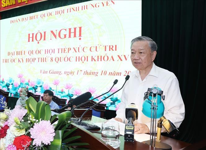 Tổng B&iacute; thư, Chủ tịch nước T&ocirc; L&acirc;m ph&aacute;t biểu tại Hội nghị Đại biểu Quốc hội tiếp x&uacute;c cử tri trước Kỳ họp thứ 8, Quốc hội kh&oacute;a XV. Ảnh: Tr&iacute; Dũng/TTXVN&nbsp; &nbsp;