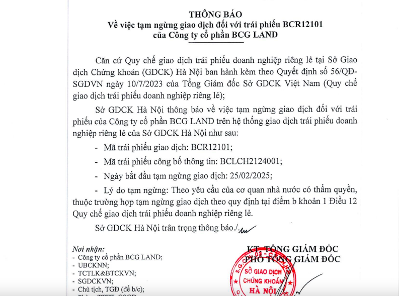 HNX th&ocirc;ng b&aacute;o tạm dựng giao dịch tr&aacute;i phiếu của&nbsp;BCR12101 của BCG Land.