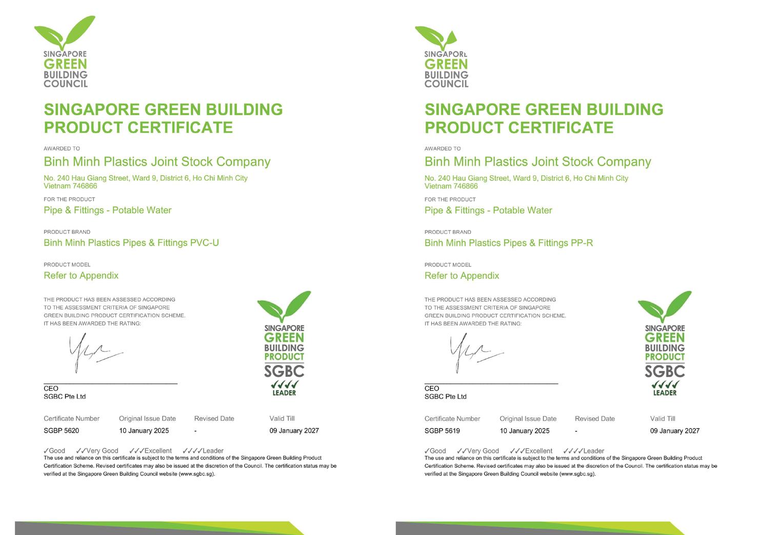 Nhựa Bình Minh đạt chứng nhận Sản phẩm Xanh Singapore (SGBP) ở mức cao nhất – Dẫn đầu (4 Ticks – Leader) cho sản phẩm PVC-U và PP-R