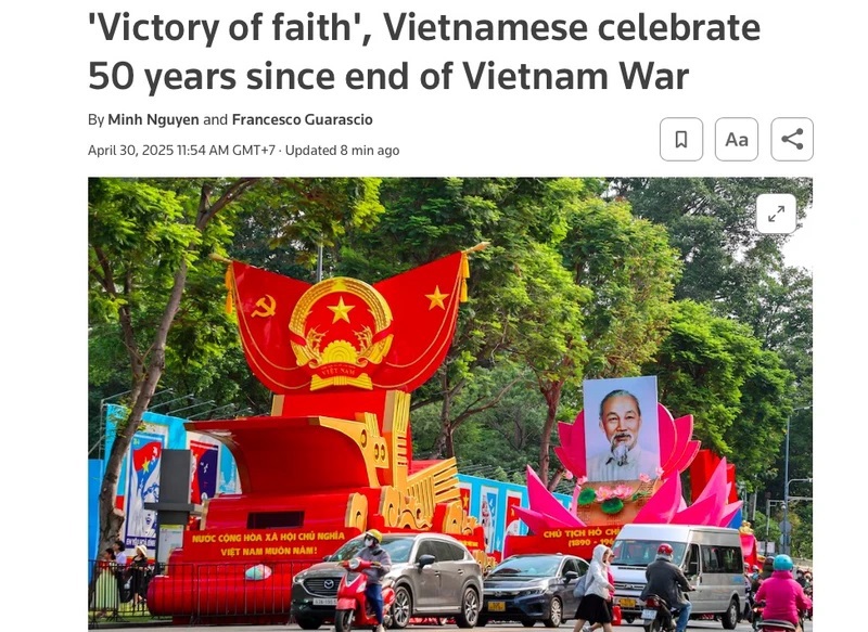 Tiêu đề bài viết về lễ kỷ niệm Lễ kỷ niệm 50 năm Ngày giải phóng miền Nam của hãng tin Reuters ngày 30/4/2025. Ảnh chụp màn hình.