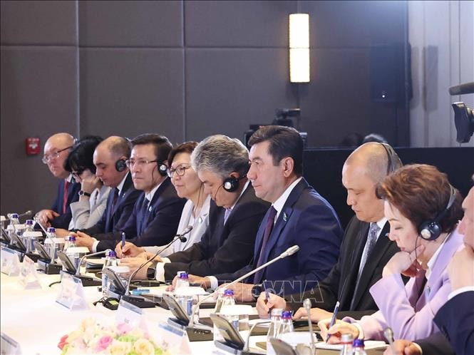 Chủ tịch Hạ viện bongdaso com tv, Chủ tịch Đảng Amanat cầm quyền Erlan Koshanov và các thành viên đoàn bongdaso com tv tại cuộc hội kiến Tổng Bí thư Tô Lâm. Ảnh: Thống Nhất/TTXVN. 