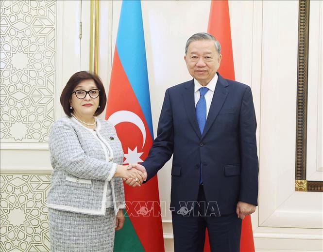 Tổng Bí thư Tô Lâm hội kiến Chủ tịch Quốc hội Azerbaijan Sahiba Gafarova. Ảnh: Thống Nhất/ TTXVN. 