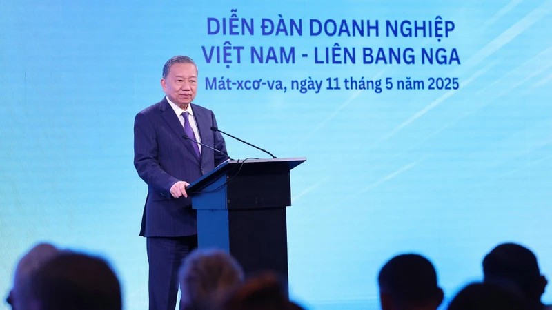 Tổng Bí thư Tô Lâm phát biểu tại Diễn đàn Doanh nghiệp Việt Nam – Liên bang Nga. Ảnh: TTXVN