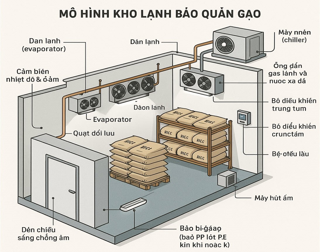 Sơ đồ: Đề xuất mô hình kho lạnh bảo quản gạo.