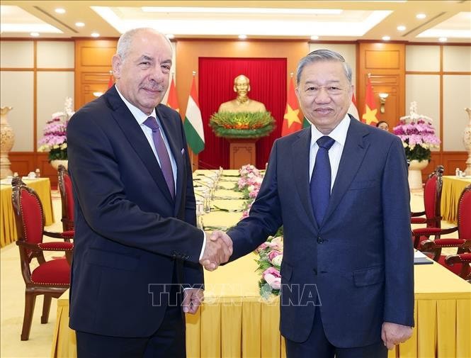 Tổng Bí thư Tô Lâm với Tổng thống Hungary Sulyok Tamás. Ảnh: Thống Nhất/TTXVN. 