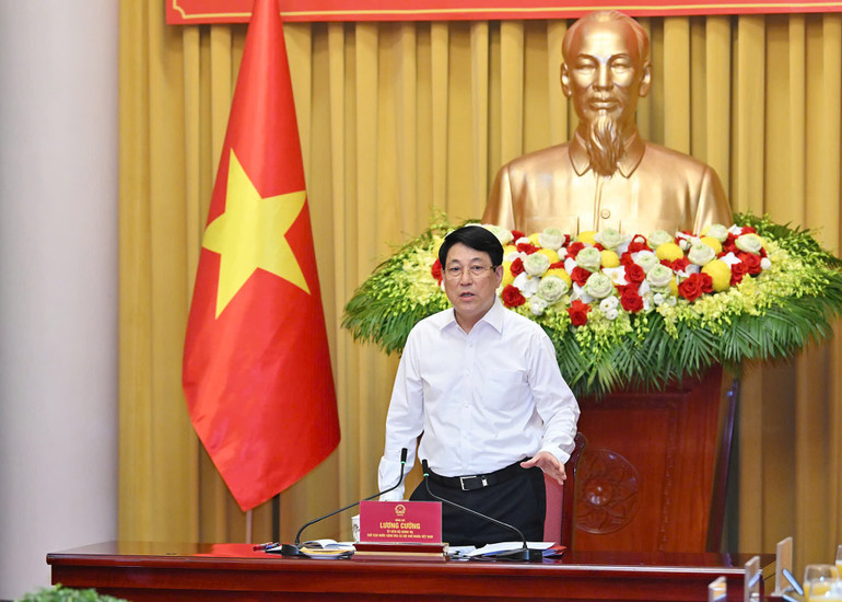 Chủ tịch nước Lương Cường phát biểu chỉ đạo tại buổi làm việc.