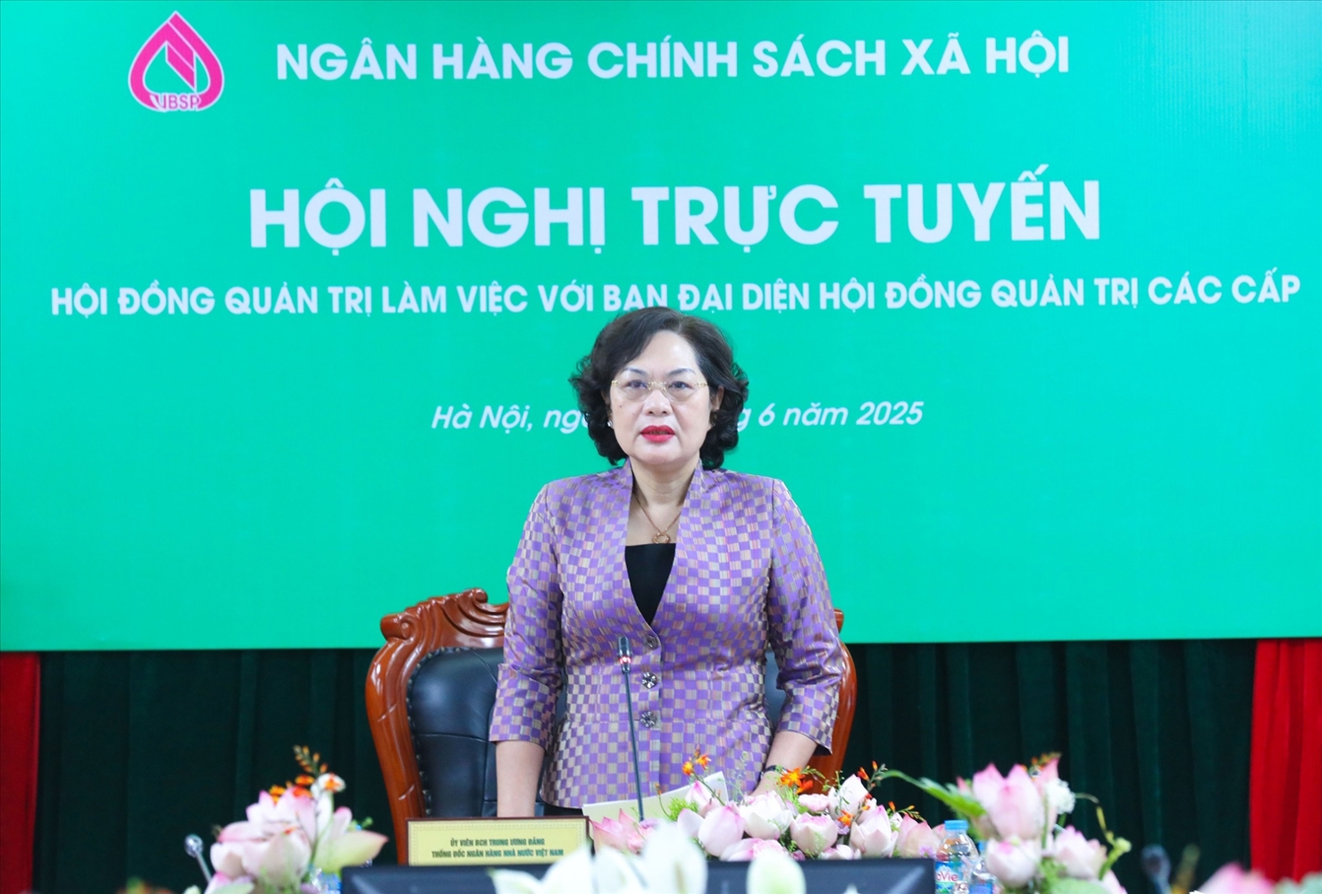 Thống đốc NHNN Nguyễn Thị Hồng - Chủ tịch HĐQT NHCSXH phát biểu tại Hội nghị. Ảnh: NHCSXH