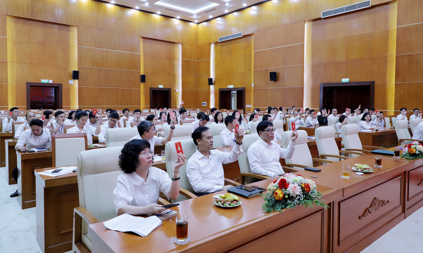 Các đại biểu biểu quyết thông qua dự thảo Nghị quyết Đại hội.